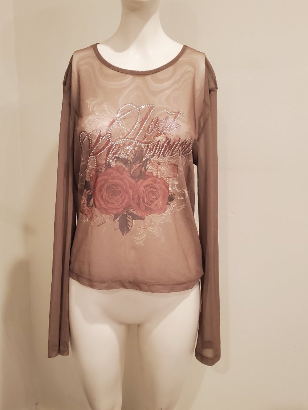 ASOS DESIGN Womens Sheer Mesh Rose Graphic Top Rhinestone US 12 Taupe Y2K